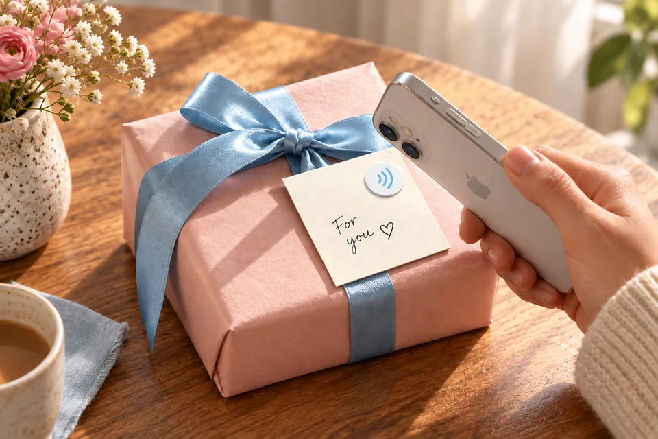 A phone held near a generic NFC sticker on a gift card attached to a pink present with a blue ribbon.