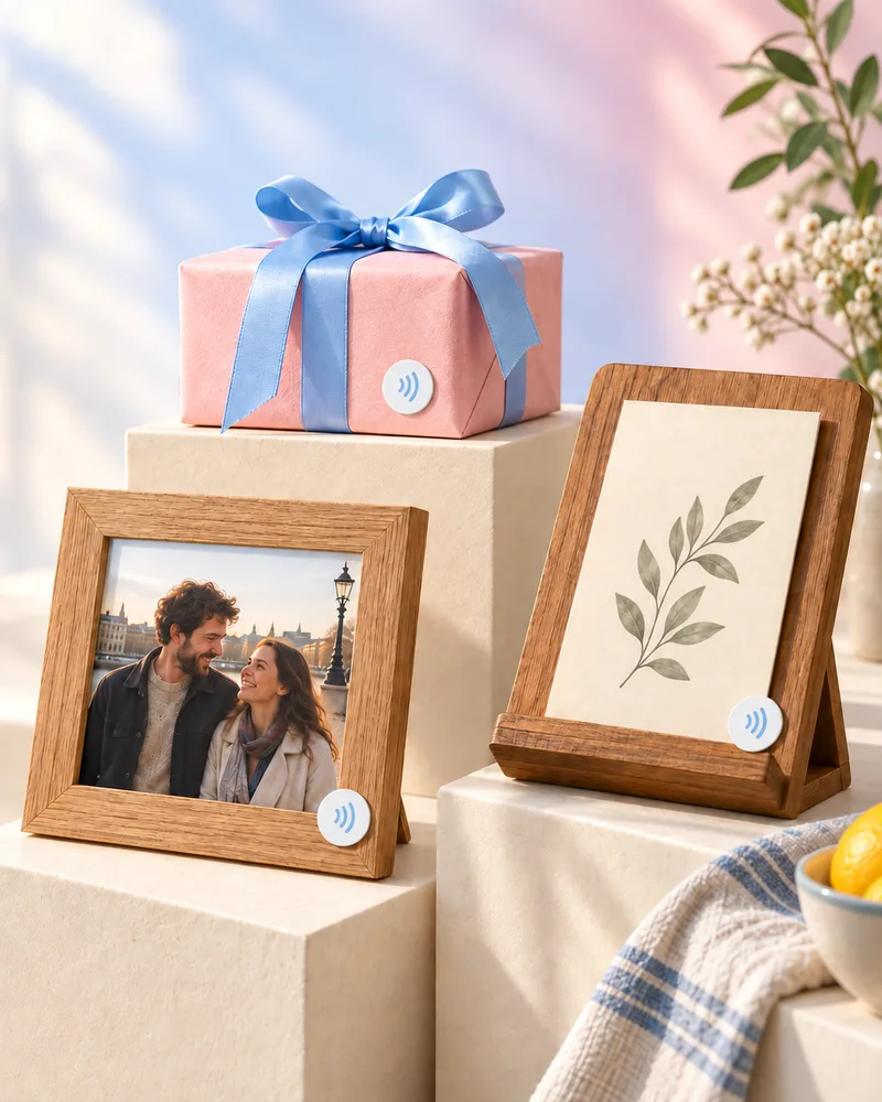 An oak picture frame holding a couple’s photo, alongside a ribbon-wrapped gift and a wooden stand. Each has a small, generic NFC sticker.