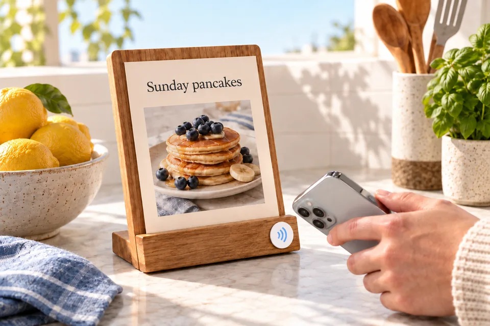 A phone approaches a generic NFC sticker on a wooden recipe stand in a sunny kitchen.